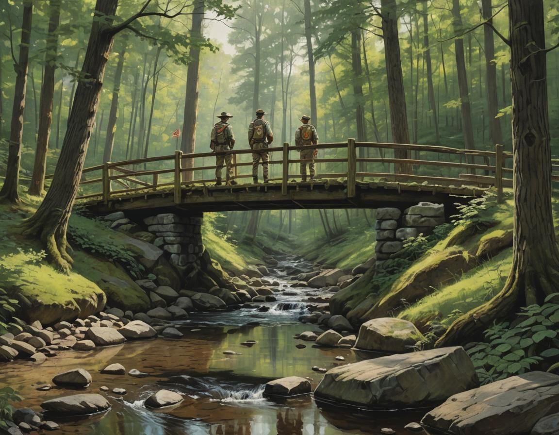 Boy Scouts Watch Stream on Bridge