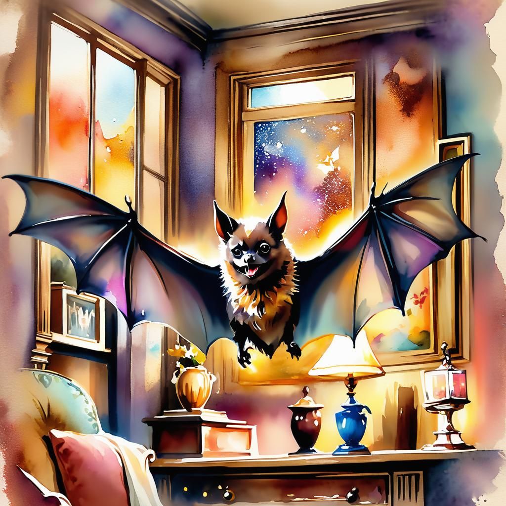 Bat in Vintage Room: Impressionist Watercolor Illustration