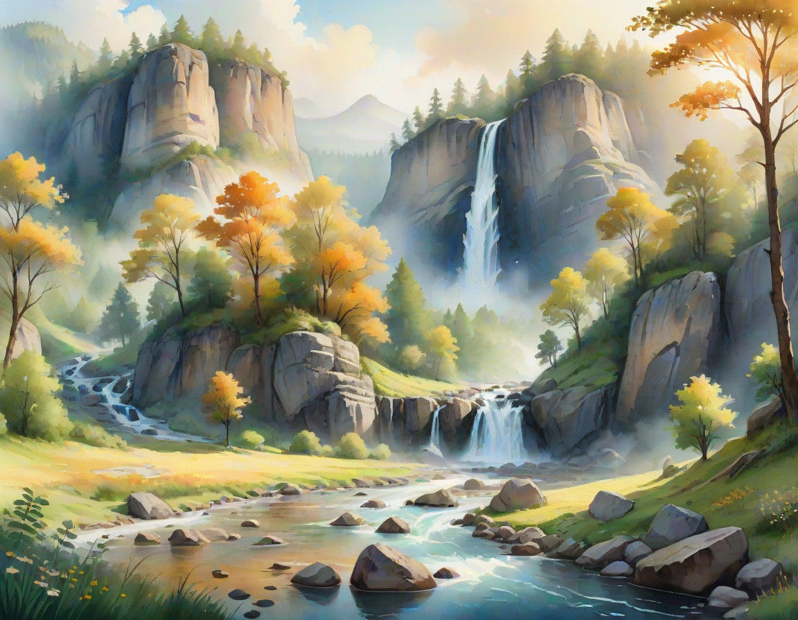 Whimsical Watercolor Valley Landscape