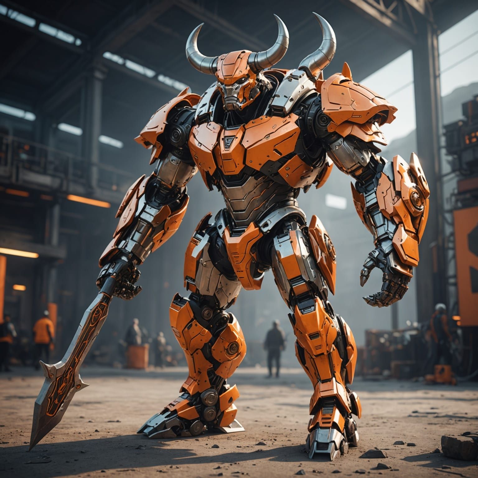 Futuristic Robot Minotaur with Spear in Sci-Fi Scene