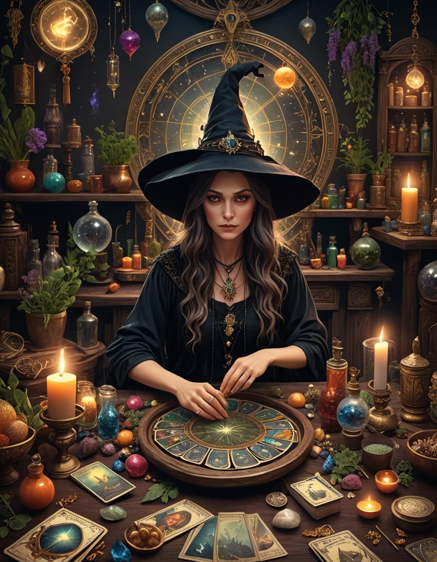 Enchanting Witch with Tarot Cards and Magic
