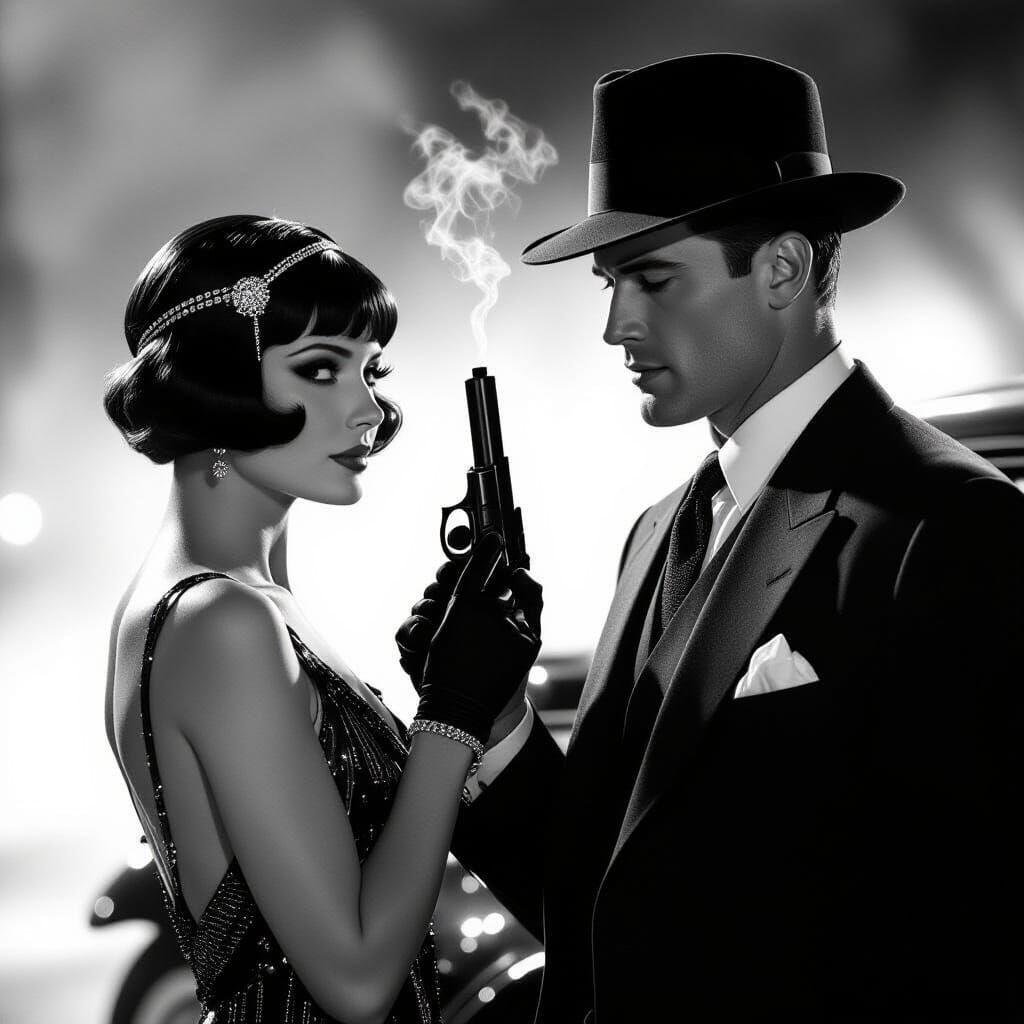 Film Noir Couple with Smoking Gun
