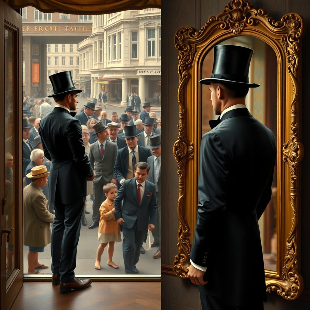 Wealthy Man Split Image: Street Observer and Self Reflection