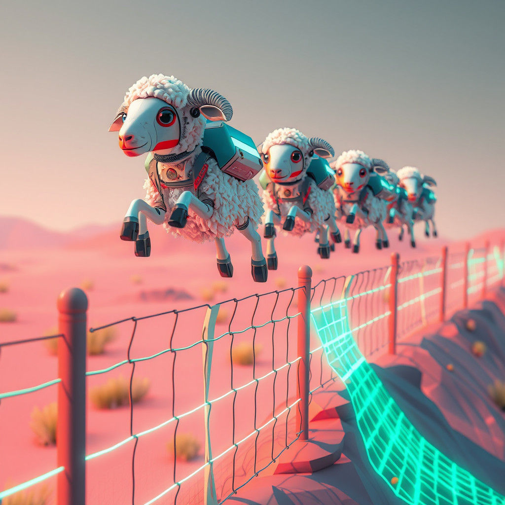 Robotic Sheep Leap Over Futuristic Fence