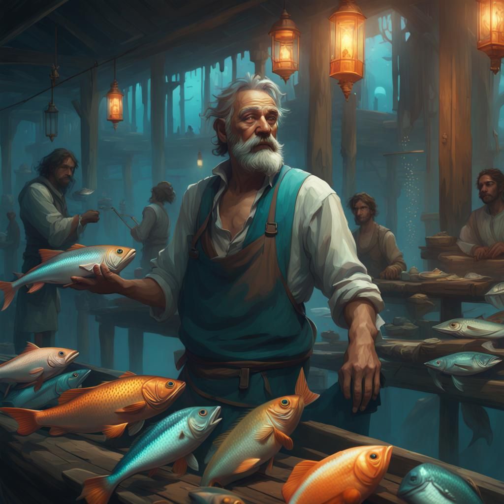 Fishmonger: Hyperdetailed Concept Art in Art Nouveau Style
