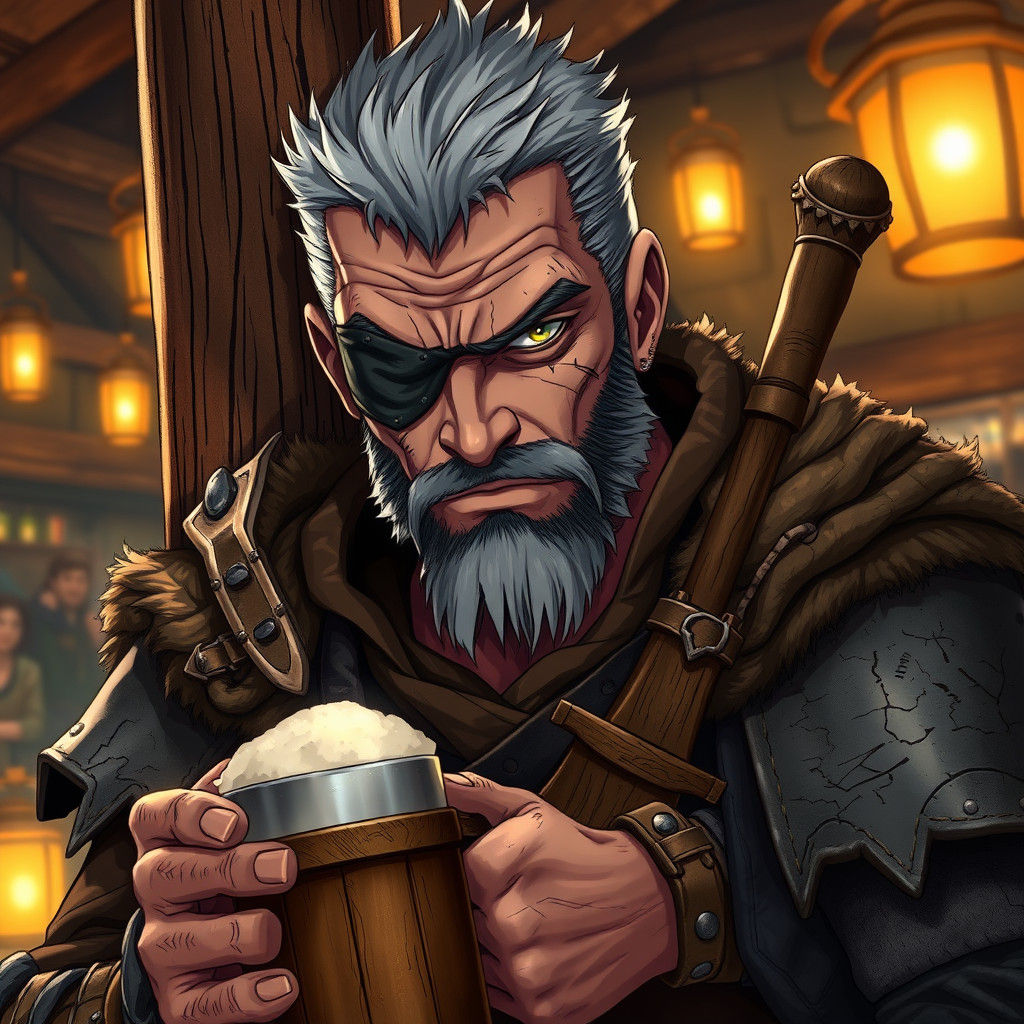 Grizzled Warrior in Tavern, Studio Trigger Anime Style