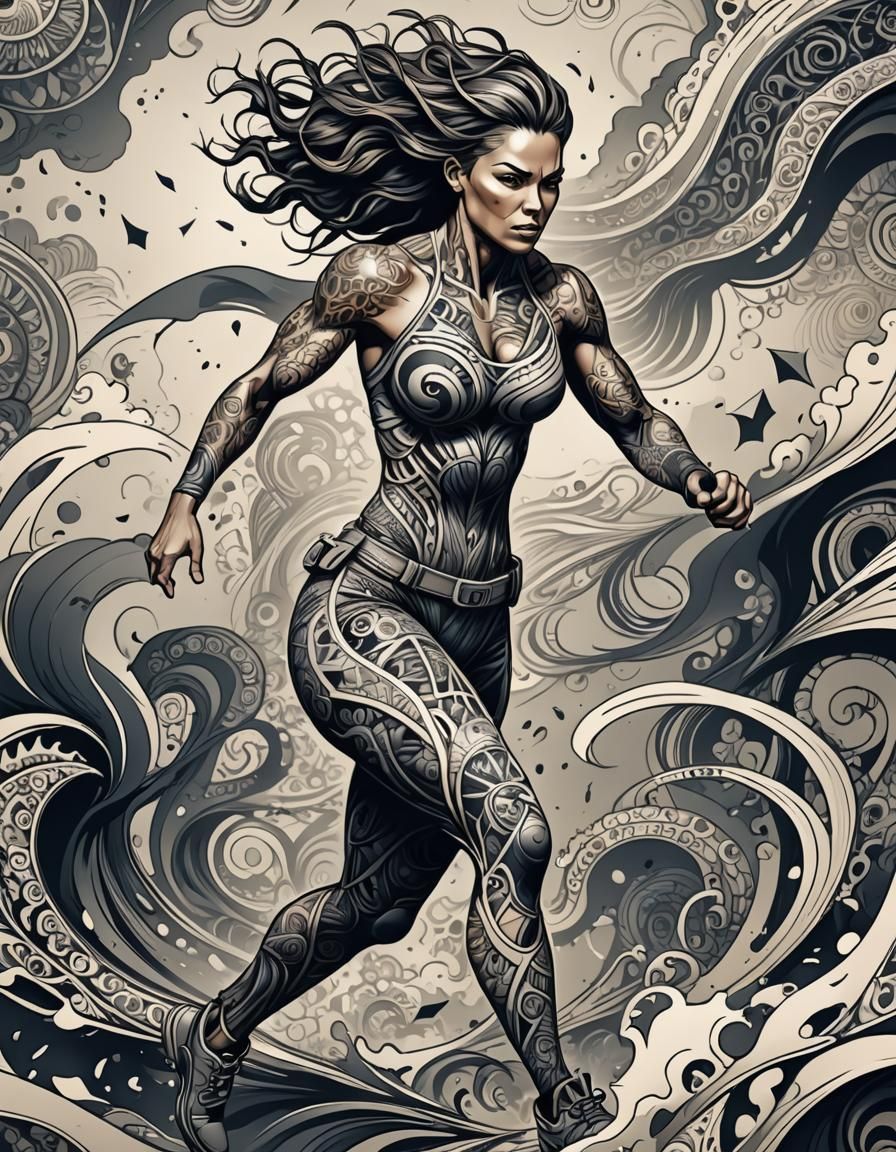 Tattooed Woman Runs Battlefield in Abstract Vector Art