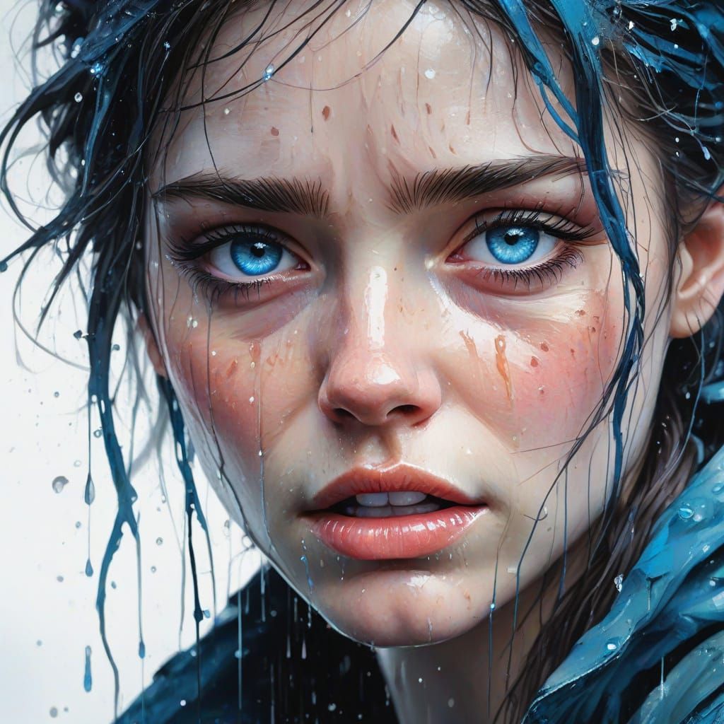 Surreal Watercolor Portrait of a Crying Figure in Rainy Twil...