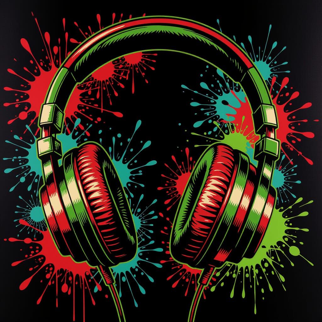 Vibrant Graffiti Headphones Poster in Red and Green
