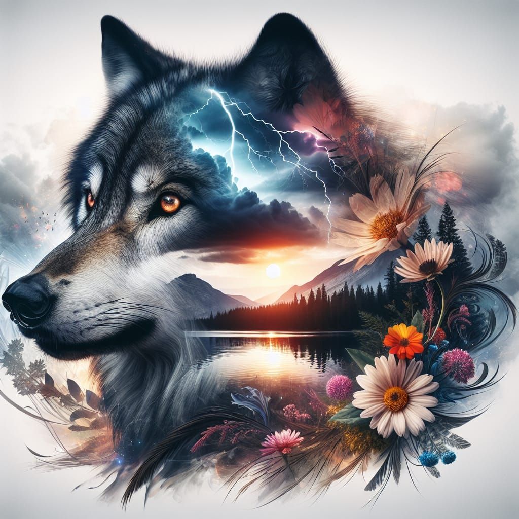 Wolf Silhouette with Forest Lake Sunset