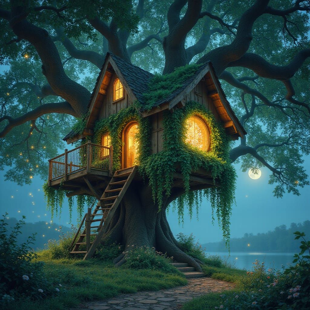 Whimsical Treehouse in Moonlit Oak Canopy