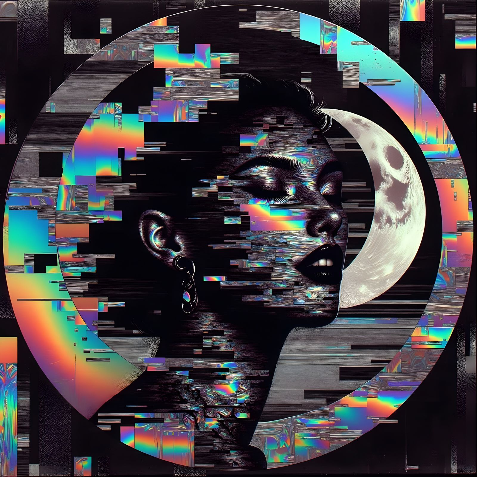Glitch Art Cat with Holographic Moon