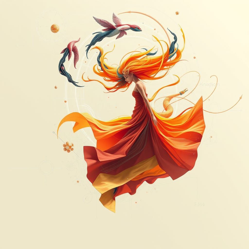 Kinetic Figure Lost in Vibrant, Flowing Attire Amidst Swirli...
