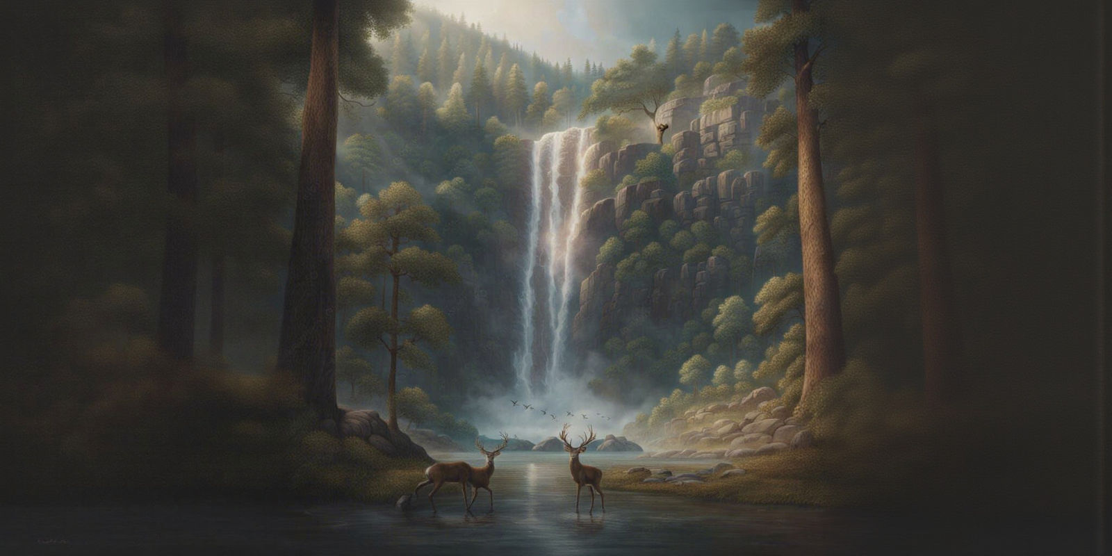 Majestic Waterfall Scene with Deer in Forest