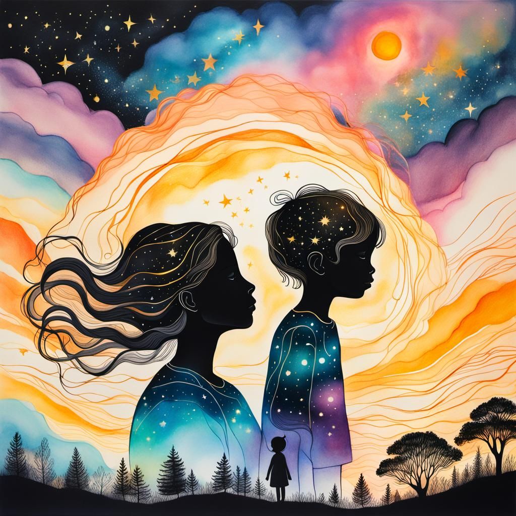 Ethereal Ink Drawing: Child and Mother Double Exposure