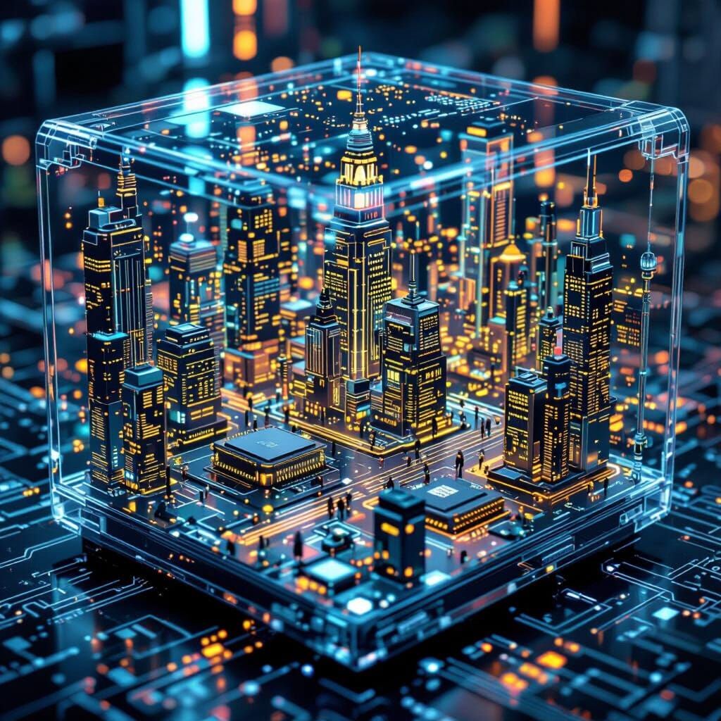 Miniature City Inside Computer Case, Futuristic Digital Art