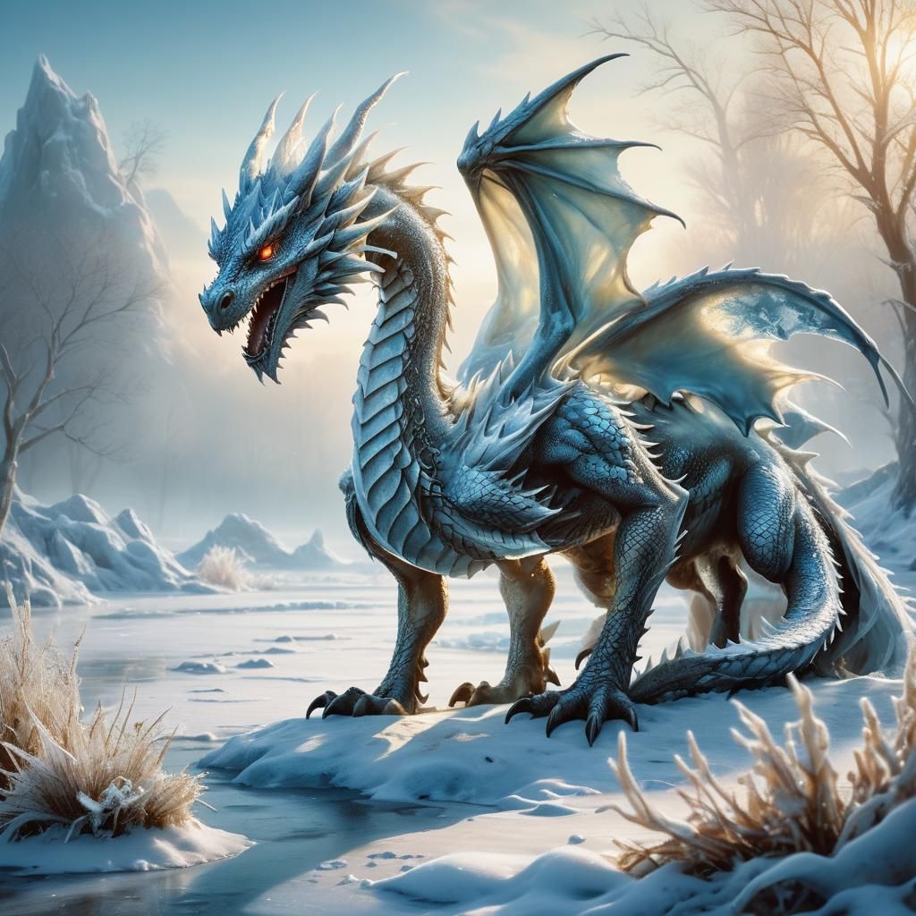 Majestic Ice Dragon in Wintery Landscape