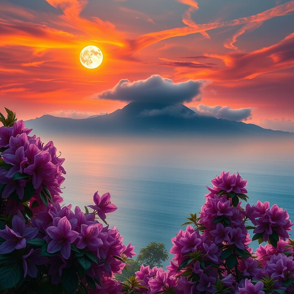 Dreamy Rhododendron Landscape with Sunset and Full Moon