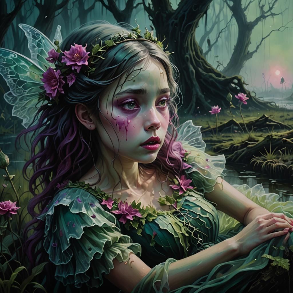 Swamp Princess Fairy in Surrealist Oil Painting