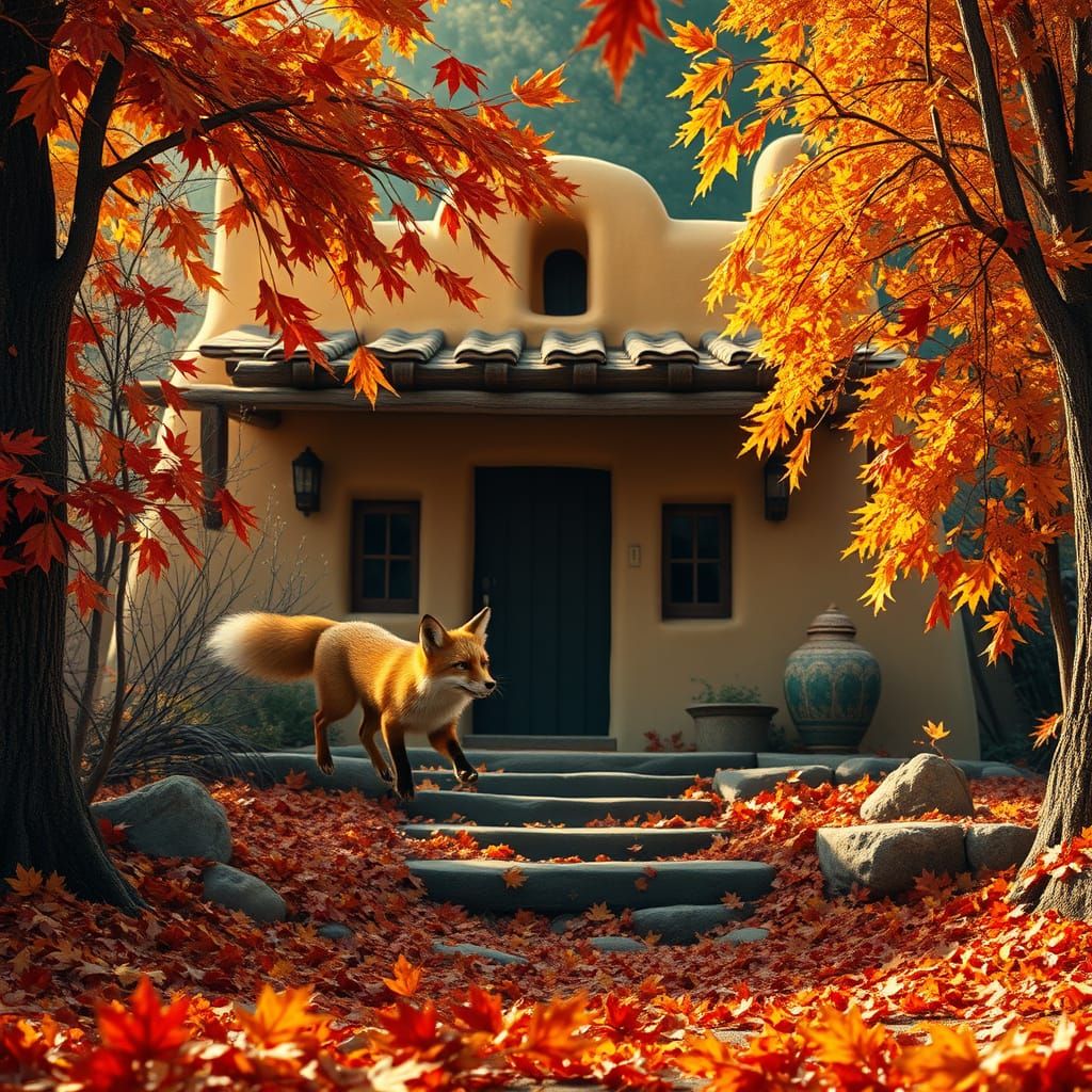 Mischievous Red Fox in Autumn Pueblo Setting