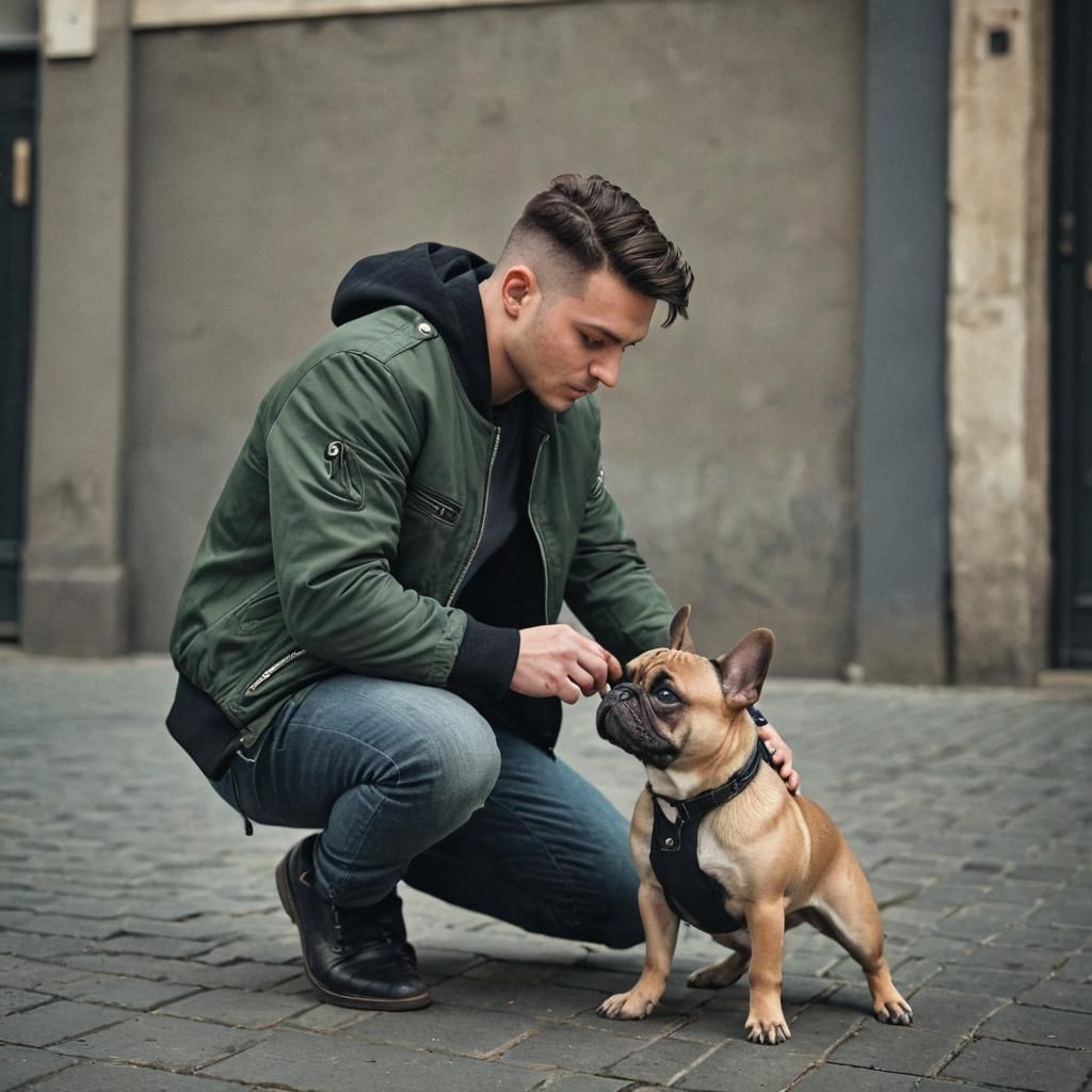 Slavic Man with French Bulldog in Italian Street Scene