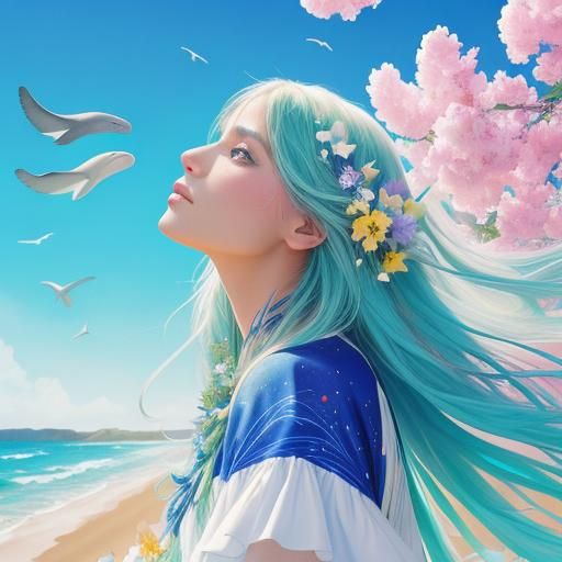 Woman Gazing at Sunny Beach Sky in Astral Cosmic Style