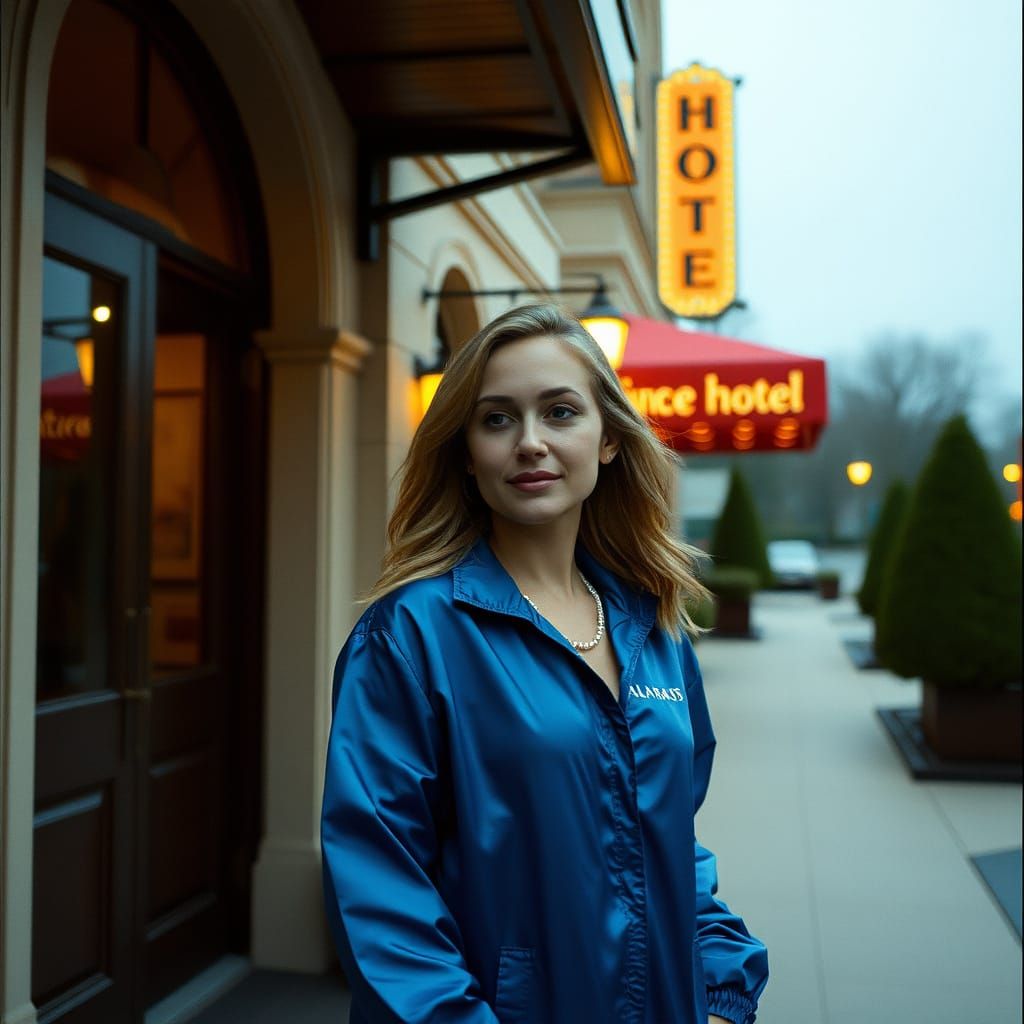 Satin Windbreaker Lady Departs Hotel in Cinematic Style