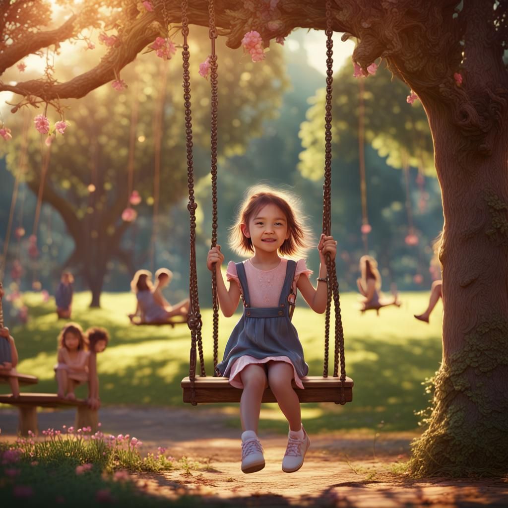 Girl on a Swing in Sunny Park: Fantasy Art