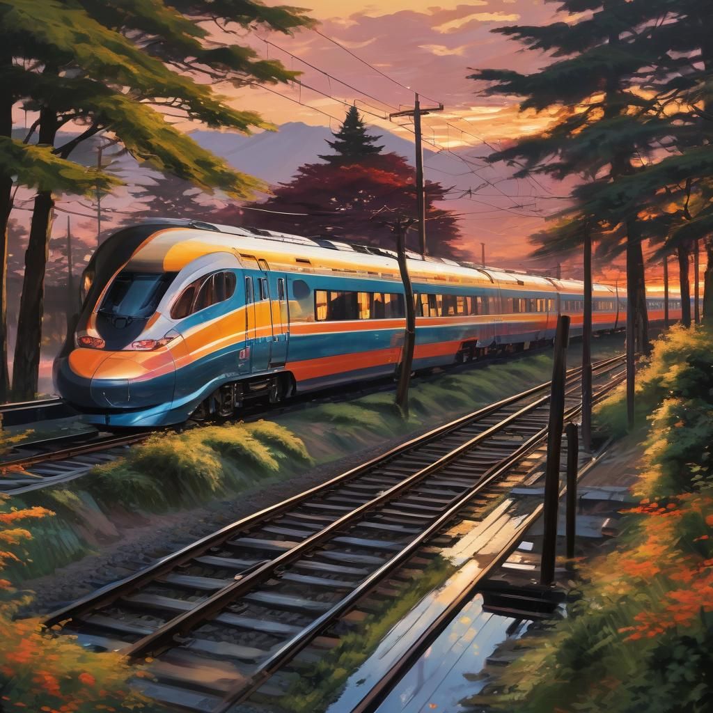 Bullet Train in Japanese Countryside: Impressionist Oil Pain...