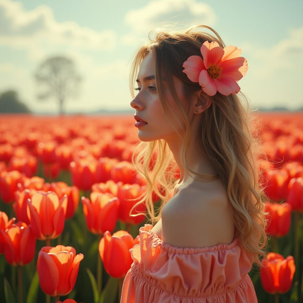 Girl in Tulip Field, Van Gogh Style