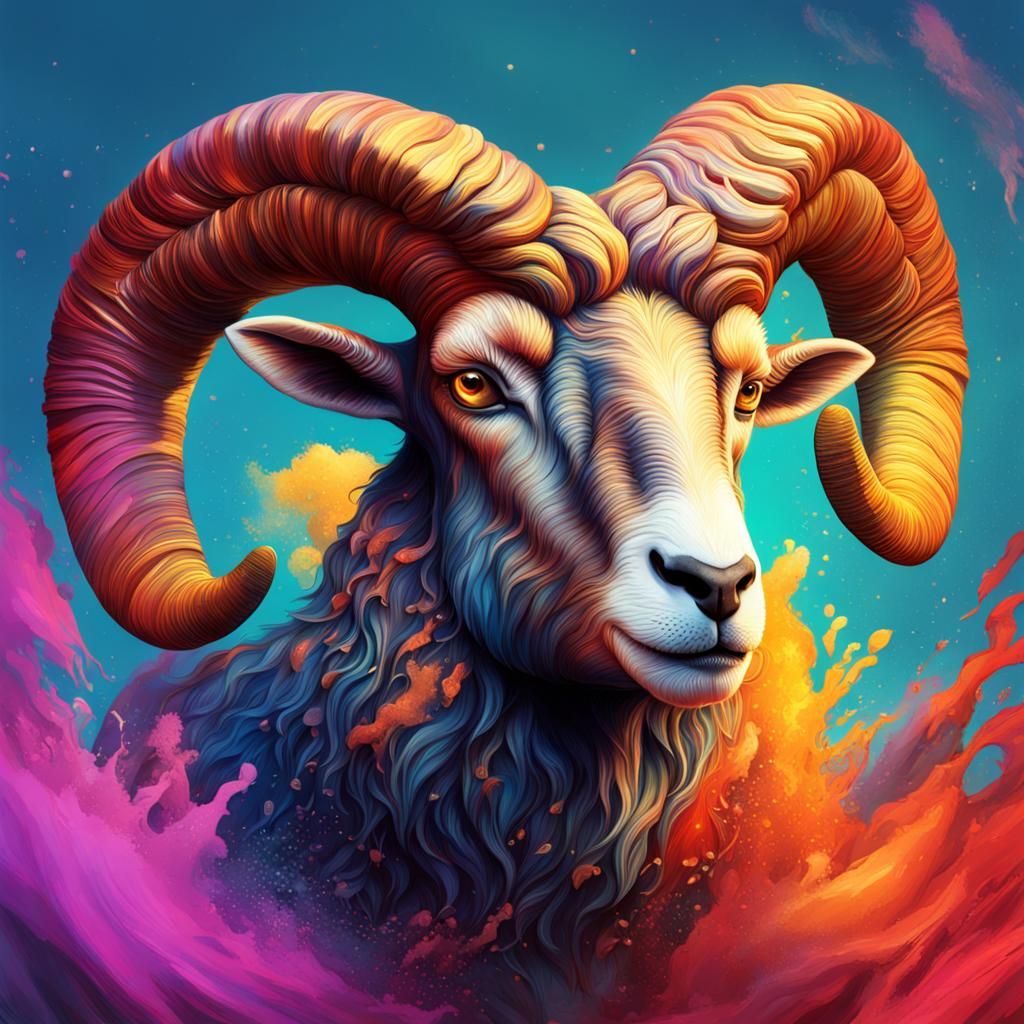 Hyperrealistic Man as Aries Ram Splash Art