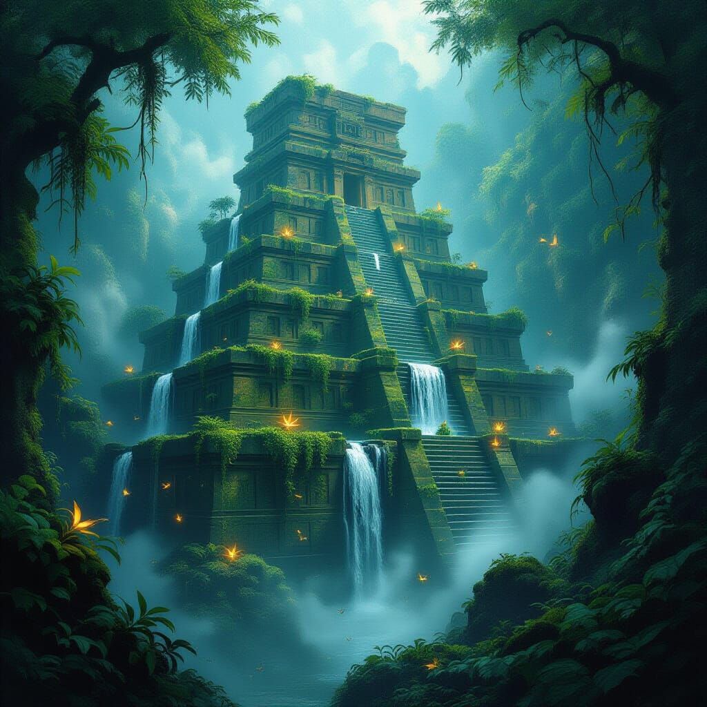 Ancient Ziggurat City in Misty Jungle
