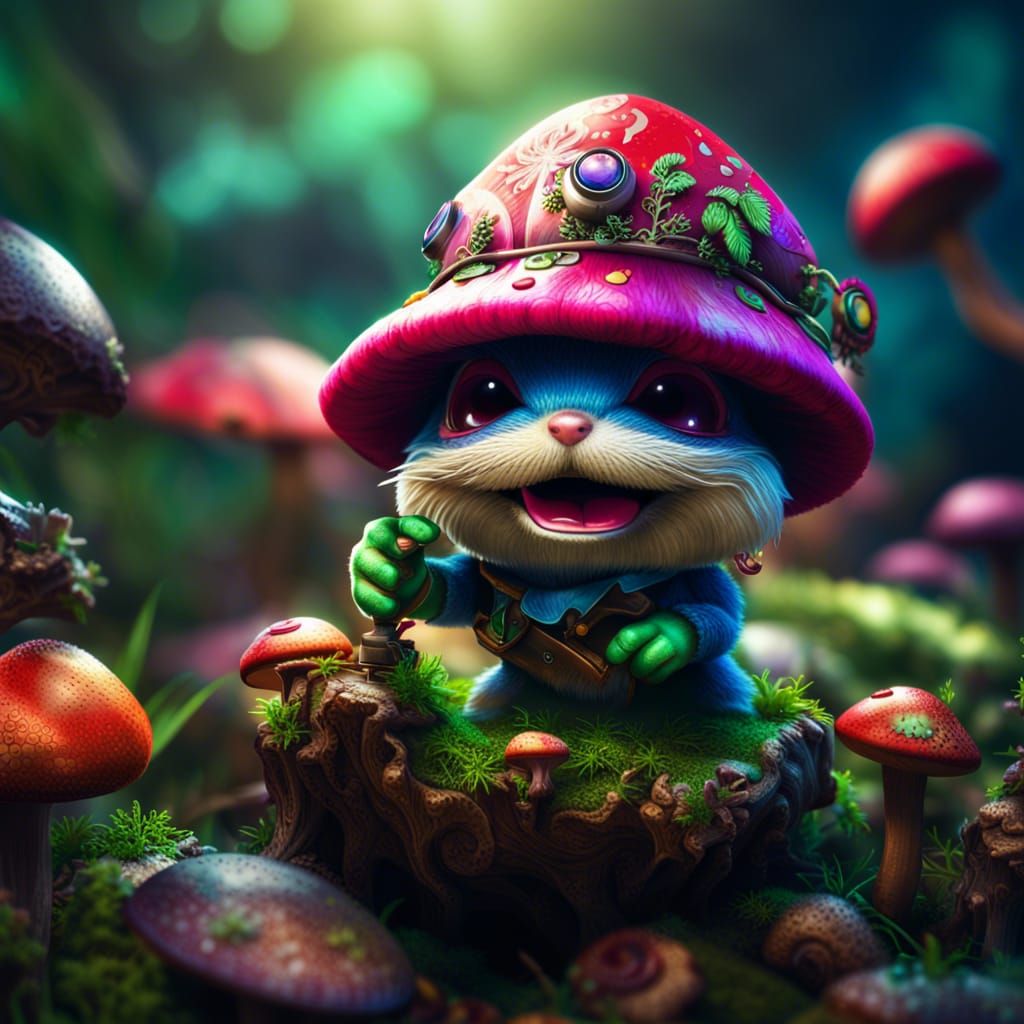 Hyperrealistic Teemo and Magic Mushrooms in Vibrant Colors