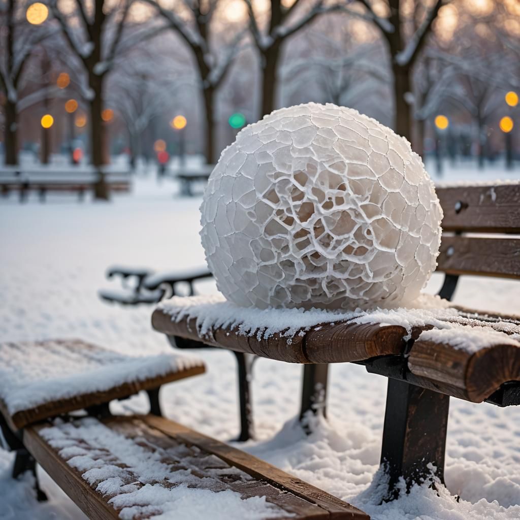 Macro Snowball on Park Bench in Winter