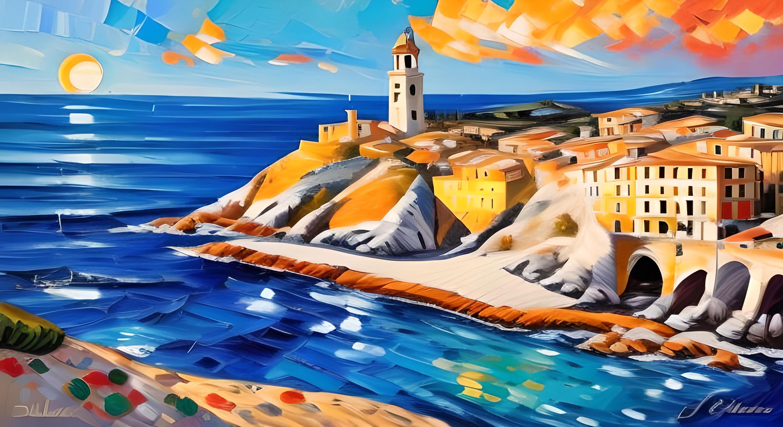 Italian Seaside Village at Sunset in Impressionist Style