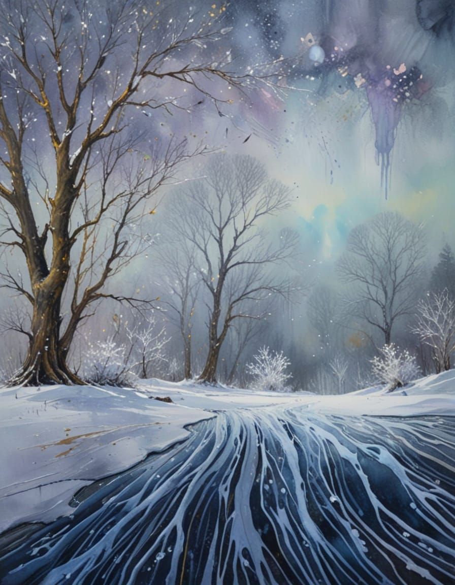 Surreal Winter Landscape in Mixed Media Style