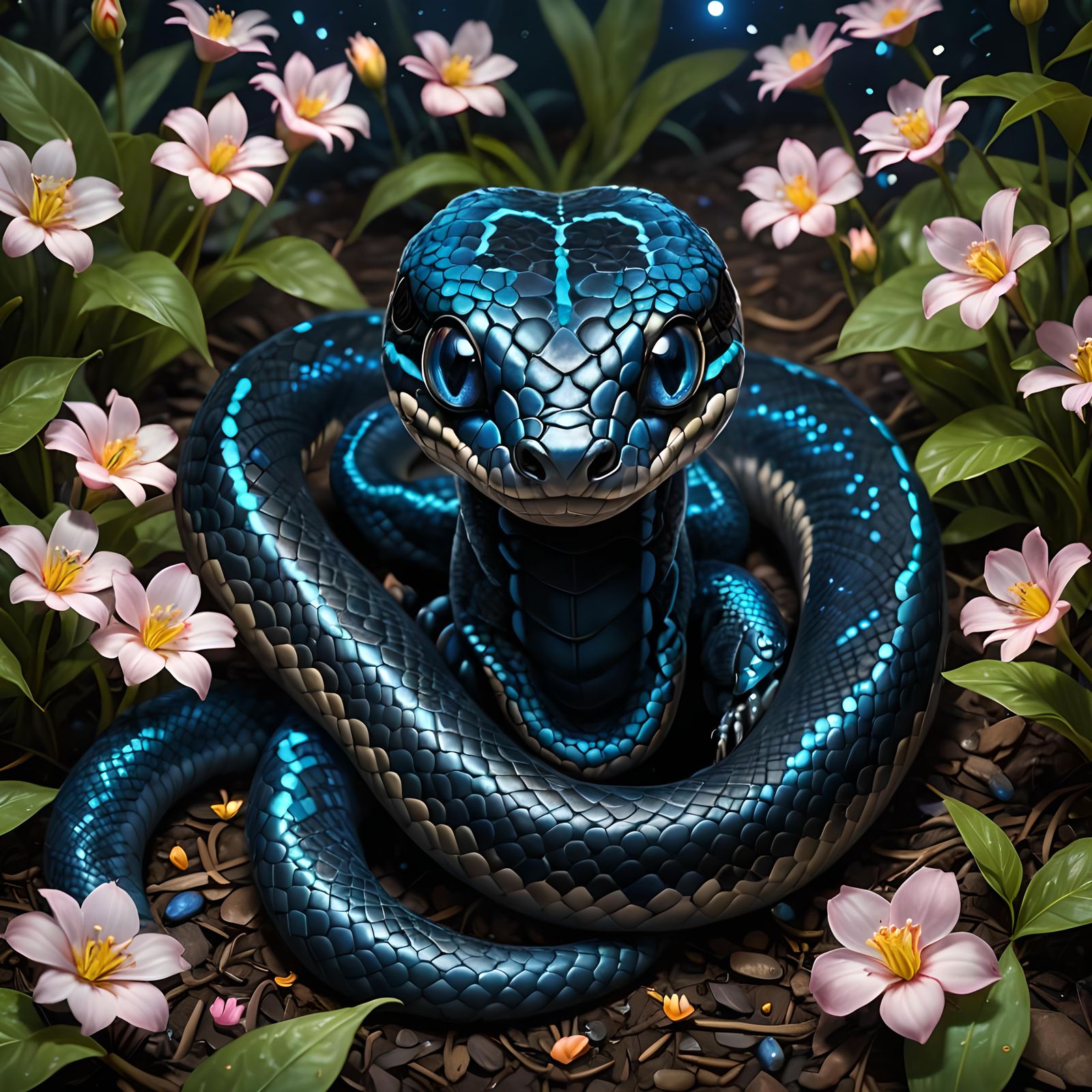 Charming Baby Cobra in a Magical Flower Garden