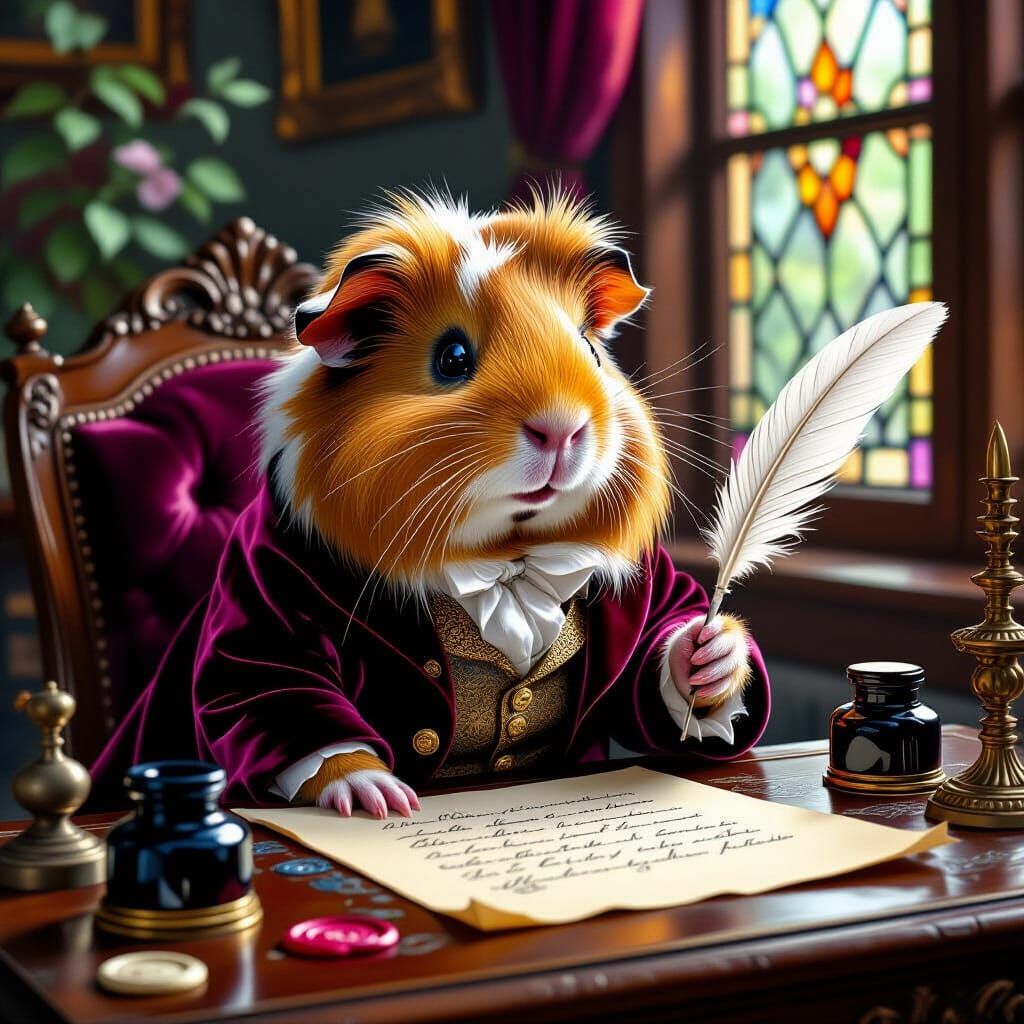 Guinea Pig Writer at Antique Desk: Hyper-Realistic Painting