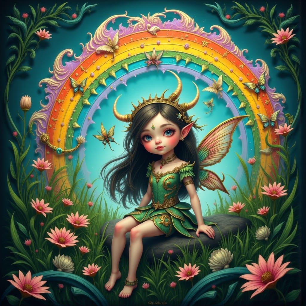 Whimsical Fairy Elf Maiden in a Vibrant Rainbow Arc
