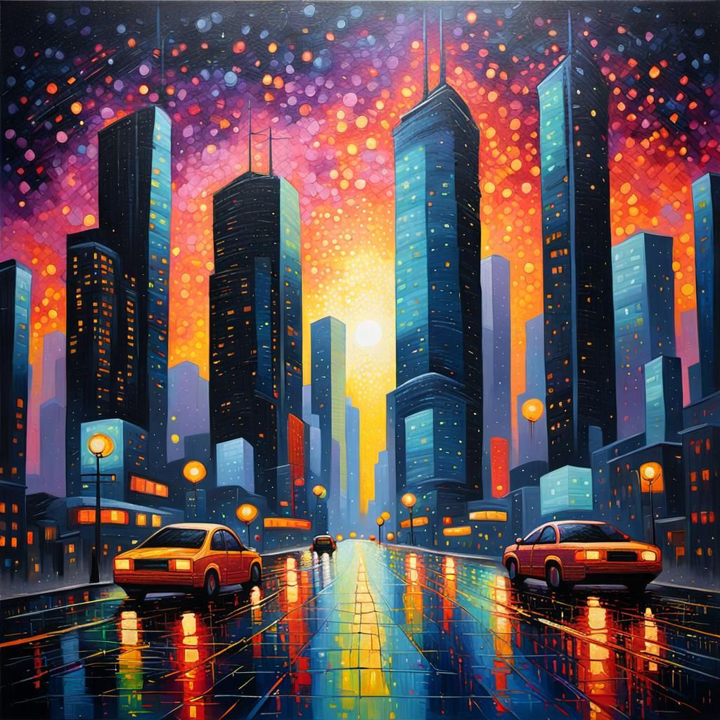 Futuristic Cityscape in Pointillism Style