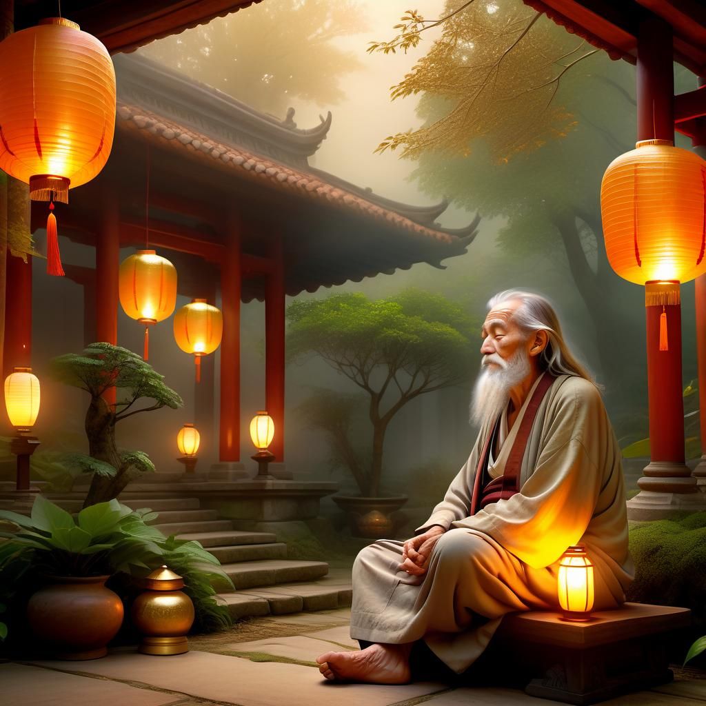 Introspective Sage in Temple Gardens: Digital Art