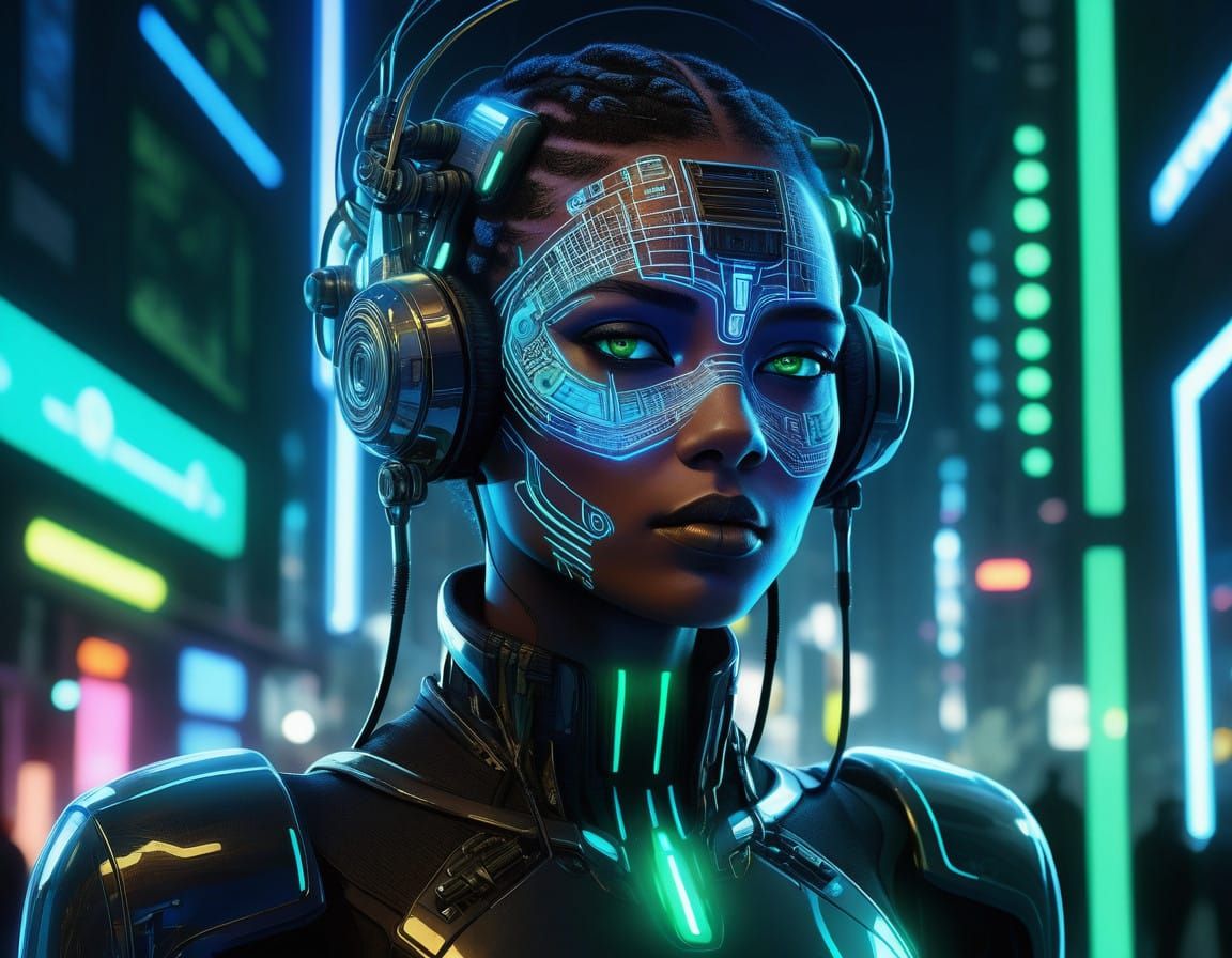 Cyberpunk Woman in Luminous Holographic Tattoos