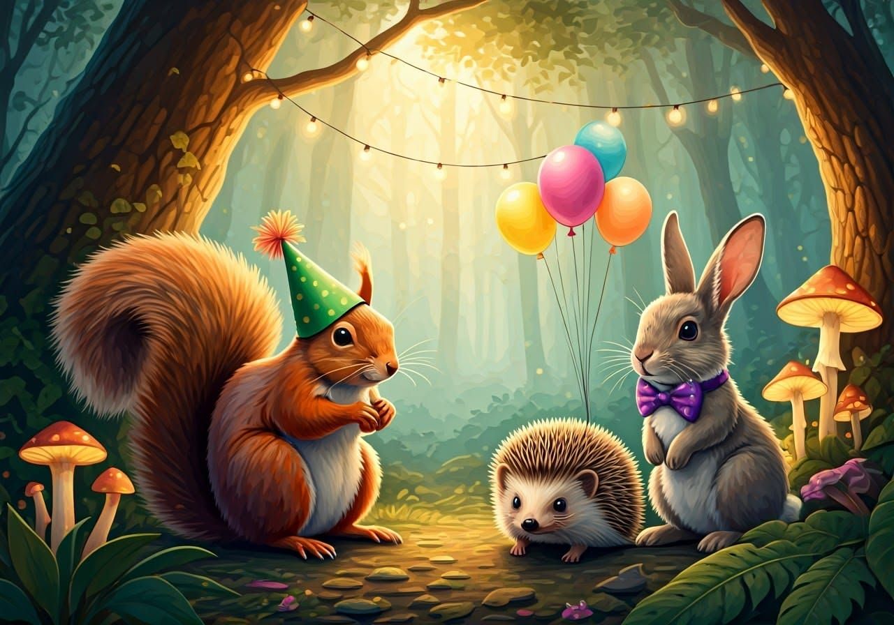 Woodland Friends Celebrate Squirrel's Birthday in Forest