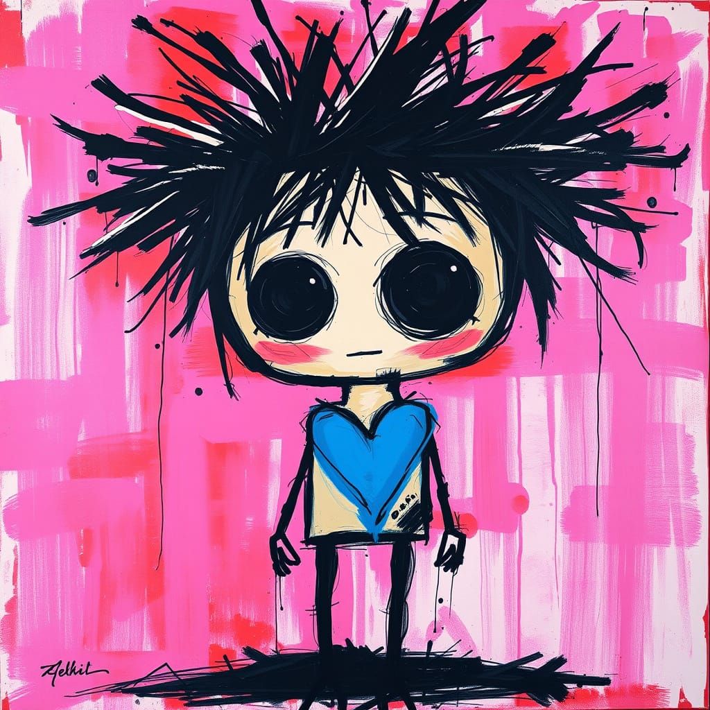 Expressive Abstract Figure with Blue Heart in Street Art Sty...