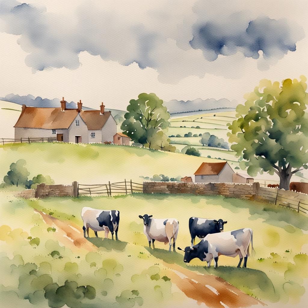 English Farm Watercolour Painting with Cows and Sheep