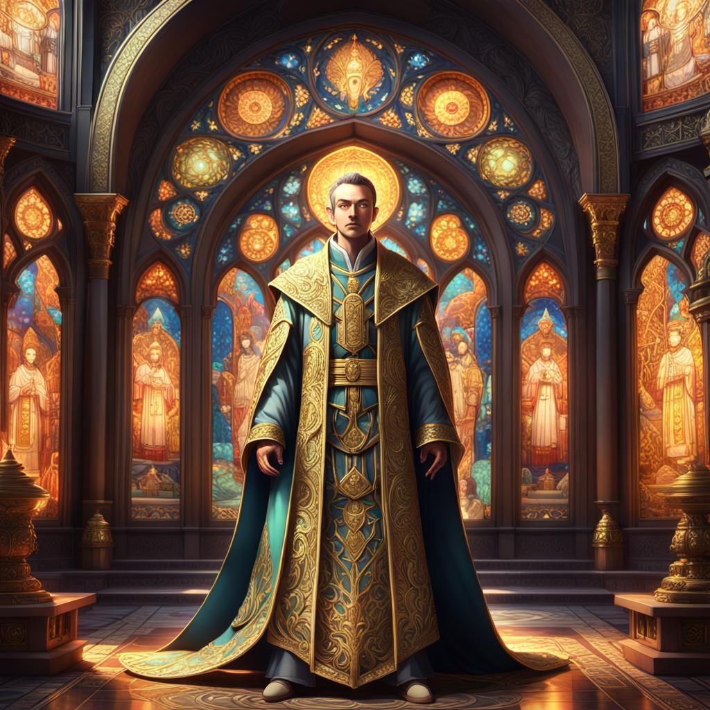 Mystical Priest in Ornate Temple: 3D Anime Art