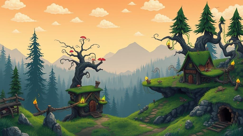 Whimsical Goblin Forest Landscape in 2D Side-Scroller Style