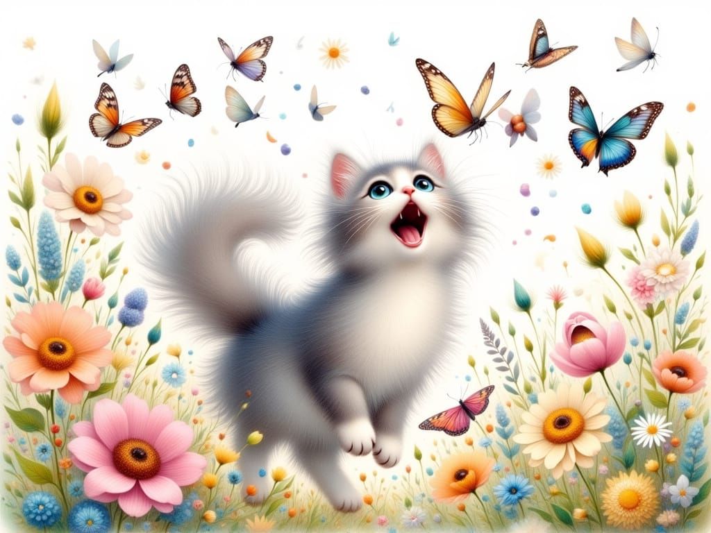 Cute Whimsical Kitten Chases Butterflies in a Floral Meadow