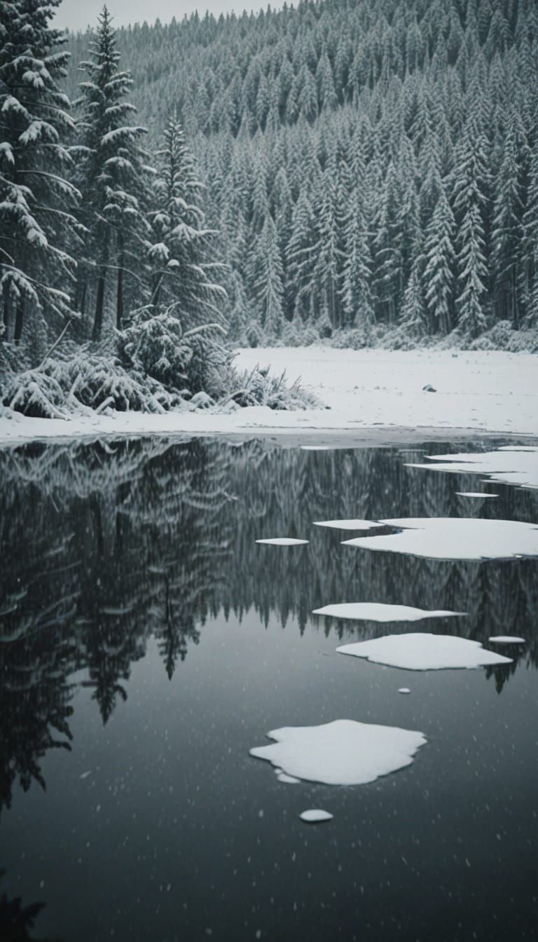 Frozen Lake in Snowy Forest Cinematic Film Still