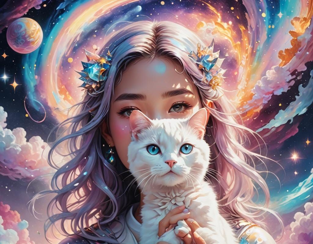 Japanese Girl with Cat in Cosmic Illustration